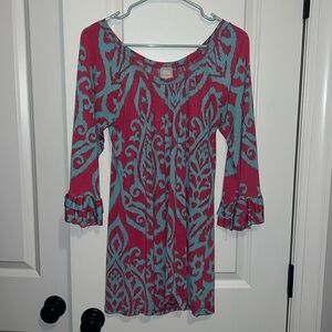 Hershe Vintage Y2K Pink & Blue Damask Tunic Top size Small Hippie Boho